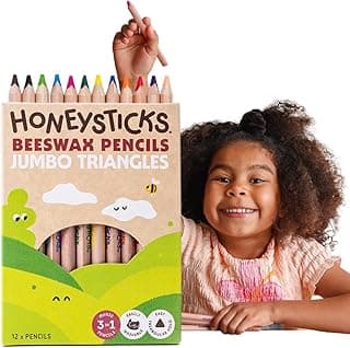Jumbo Triangle Coloured Pencils (12 Pack) - Preschool Pencil with Non-Toxic Beeswax Core, Large Triangular Shape, Bright Colours, Toddler Colouring and Drawing, Kids 1-3, 2-4, 3-5